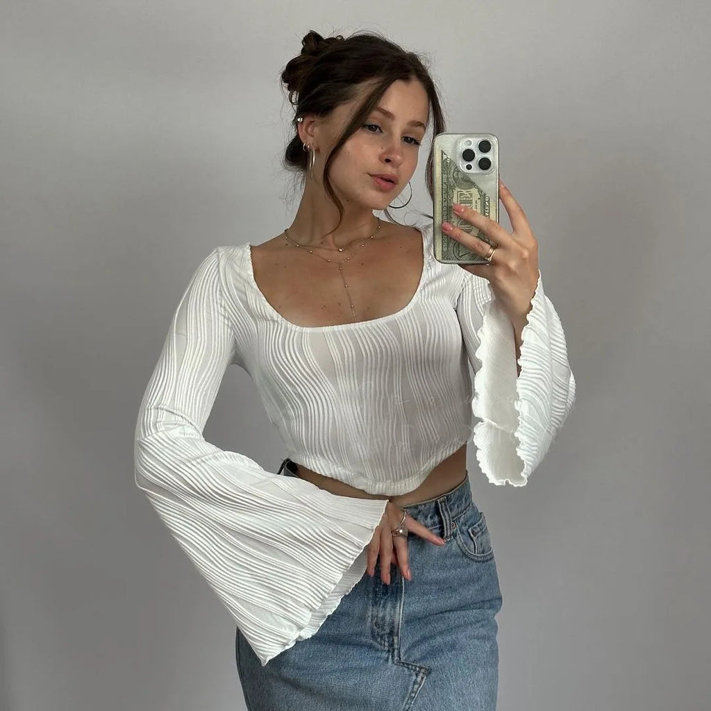 Asymmetric Flare Sleeve Texture Square Neck Tops for Women Fashion Sexy Slim Cropped Tops Pullover Fall Clothes