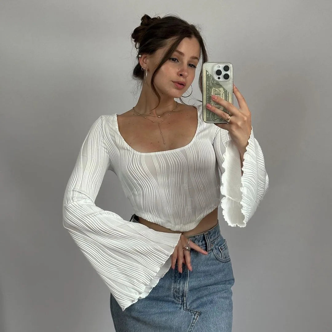 Asymmetric Flare Sleeve Texture Square Neck Tops for Women Fashion Sexy Slim Cropped Tops Pullover Fall Clothes