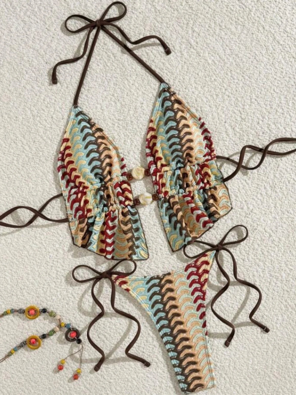 Sexy Coffee Striped Bikini Set 2026 Women Beaded String Hollow Out Crop Top Thong Swimsuit Summer Bathing Suit Holiday Swimwear