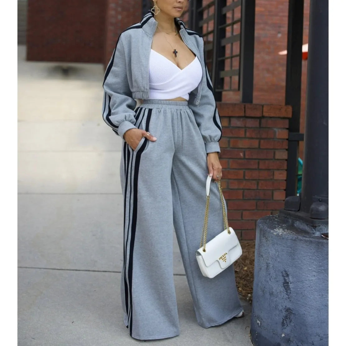 Women's 2-Piece Striped Tracksuit Set – Crop Jacket & Wide-Leg Pants