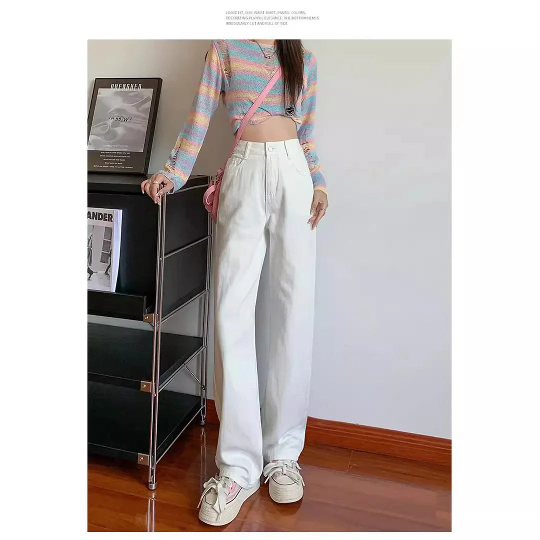 White High Waist Wide Leg Jeans Women's Loose