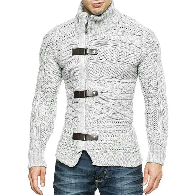Men’s High-Neck Leather Buckle Knitted Cardigan Sweater