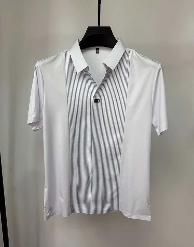 Men's Patchwork Stripe Polo Shirt - Casual Short Sleeve Fashion Polo
