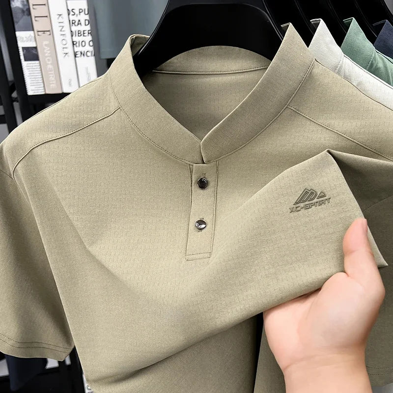 Mens Mandarin Collar Sport Polo Shirt Short Sleeve Casual Tops With Two Button Neck Comfortable Breathable Mesh Tees For Men