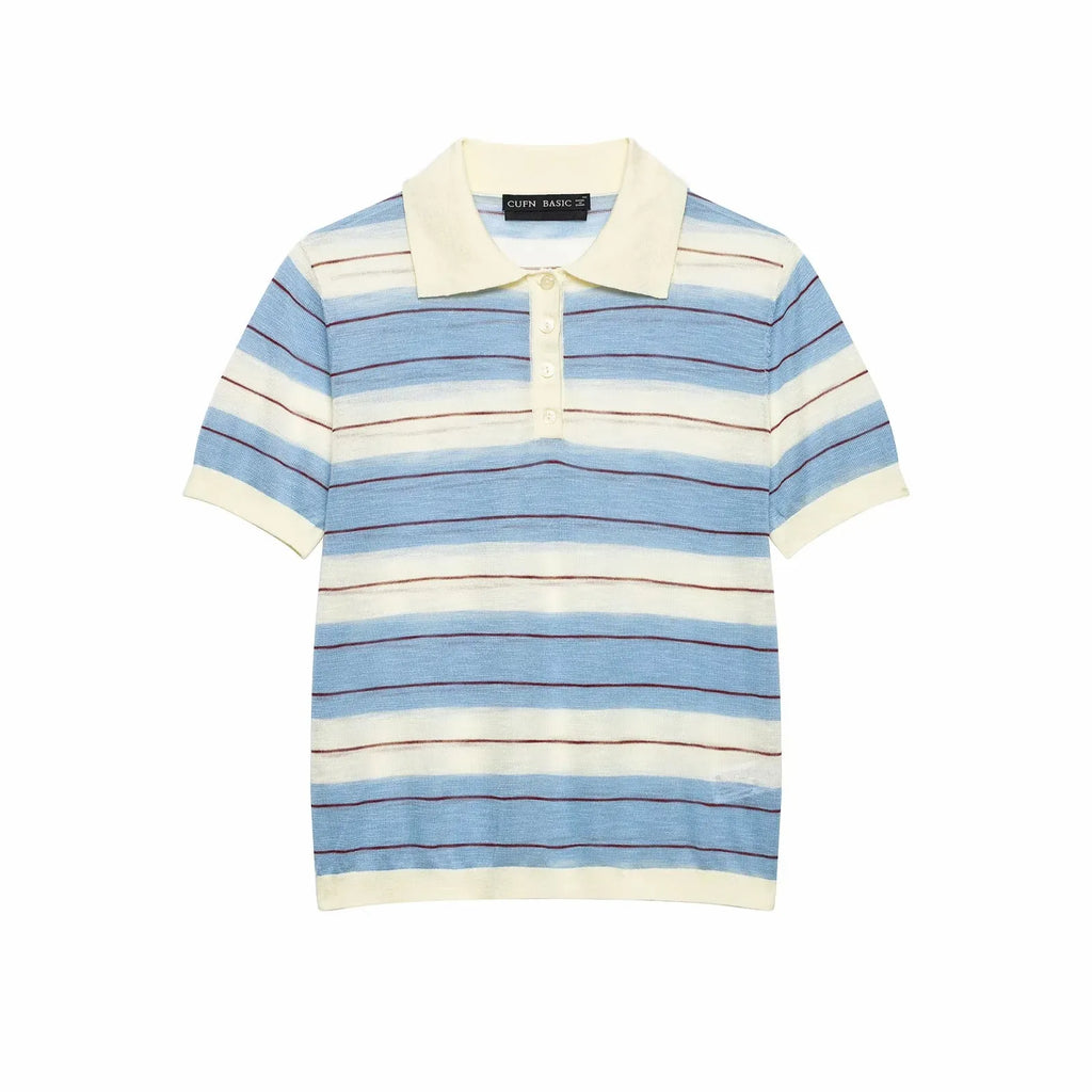 Chic Striped Polo Short-Sleeve Knitwear