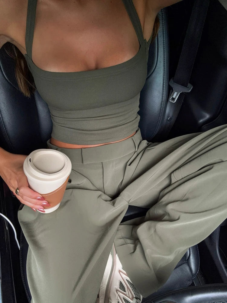 Low-Neck Vest Women Cross Shoulder Strap Solid Skinny Stretch Sexy Midnight Hottie Beach Party Sporty Basis Tops