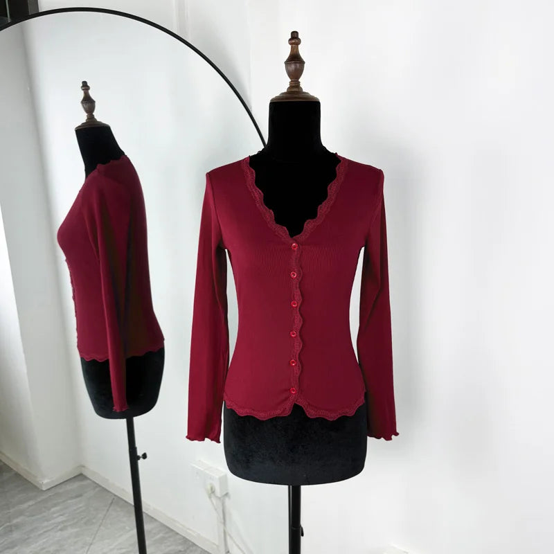 Tossy Casual Knitwear Lace V-Neck Cardigan Women Slim Solid Long Sleeves Commuting