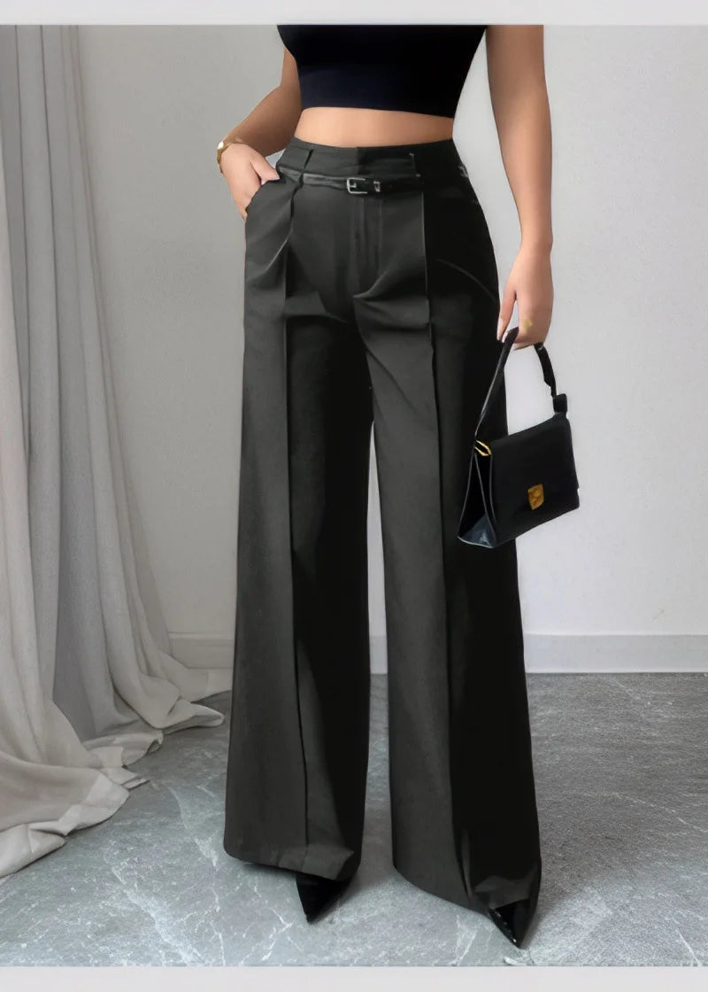 High Waist Solid Pants For Women Casual Belt Wide-leg Trousers Ladies With Pockets Office Wear Pants Pantalones Mujer Summer