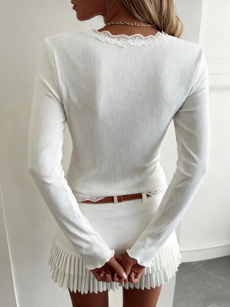 Tossy Casual Knitwear Lace V-Neck Cardigan Women Slim Solid Long Sleeves Commuting