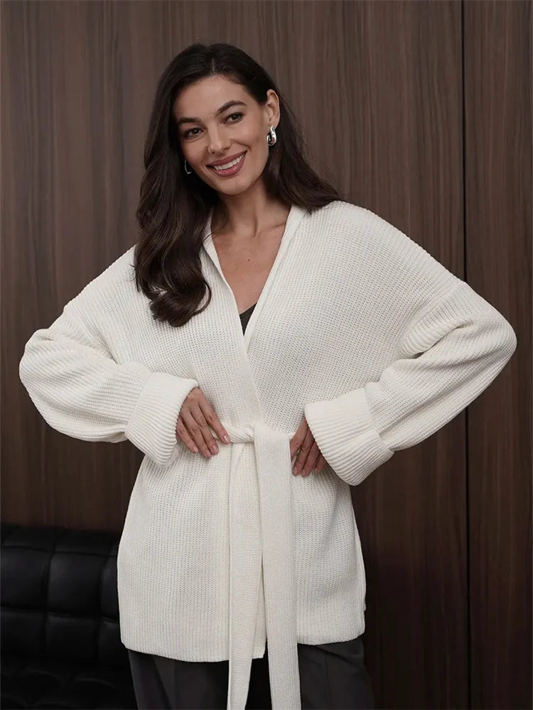 Elegant Ribbed Knit Lace-Up Cardigan Coat