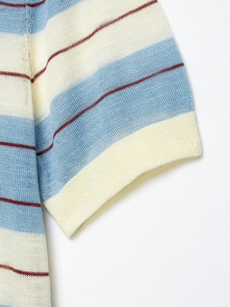 Chic Striped Polo Short-Sleeve Knitwear