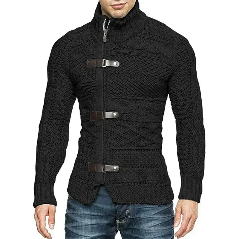 Men’s High-Neck Leather Buckle Knitted Cardigan Sweater