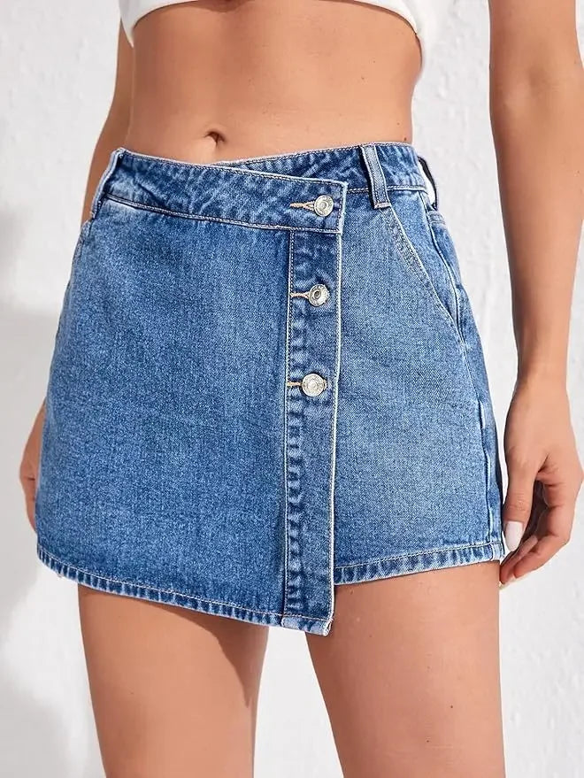 Denim Skort for Women High Waist Button Fly Jean Skorts with Split Side & Pockets Asymmetrical Hem Shorts Skirts Harajuku