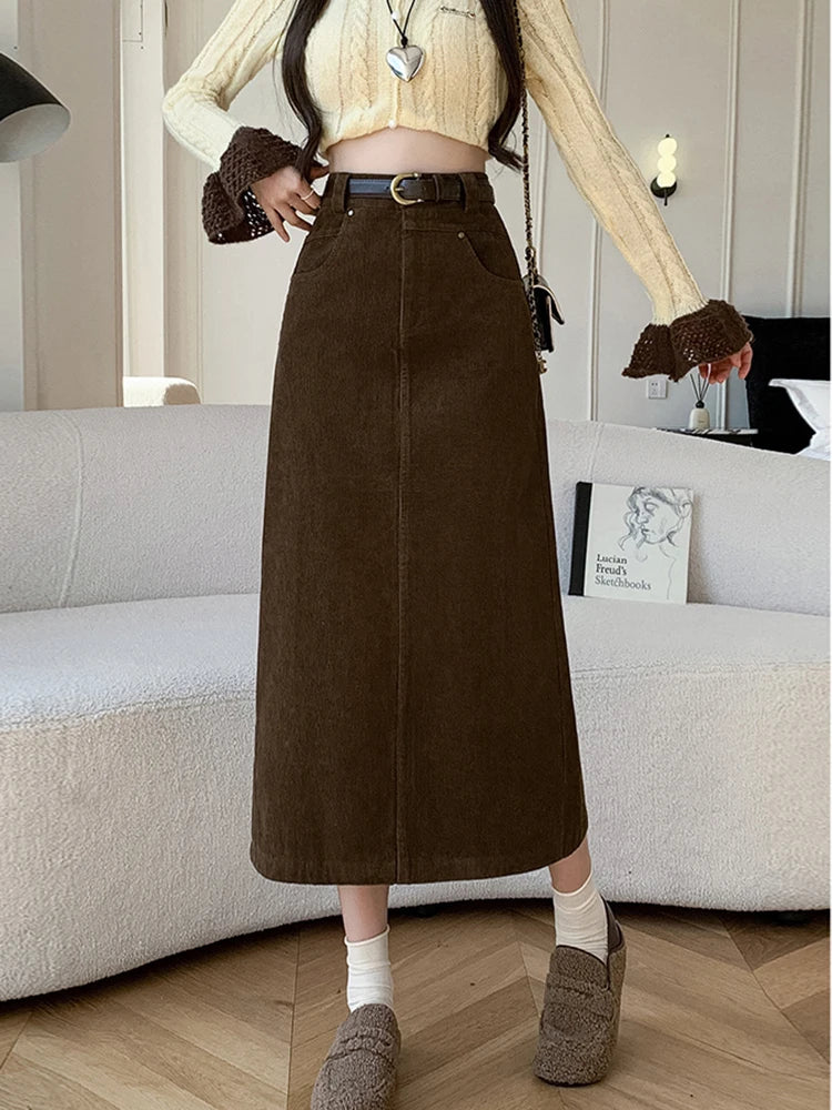 Winter Corduroy Women's Long Skirt Woman Vintage High Waist Wrap Cargo Bodycon Skirts With Belt A-line Black Brown Faldas Largas