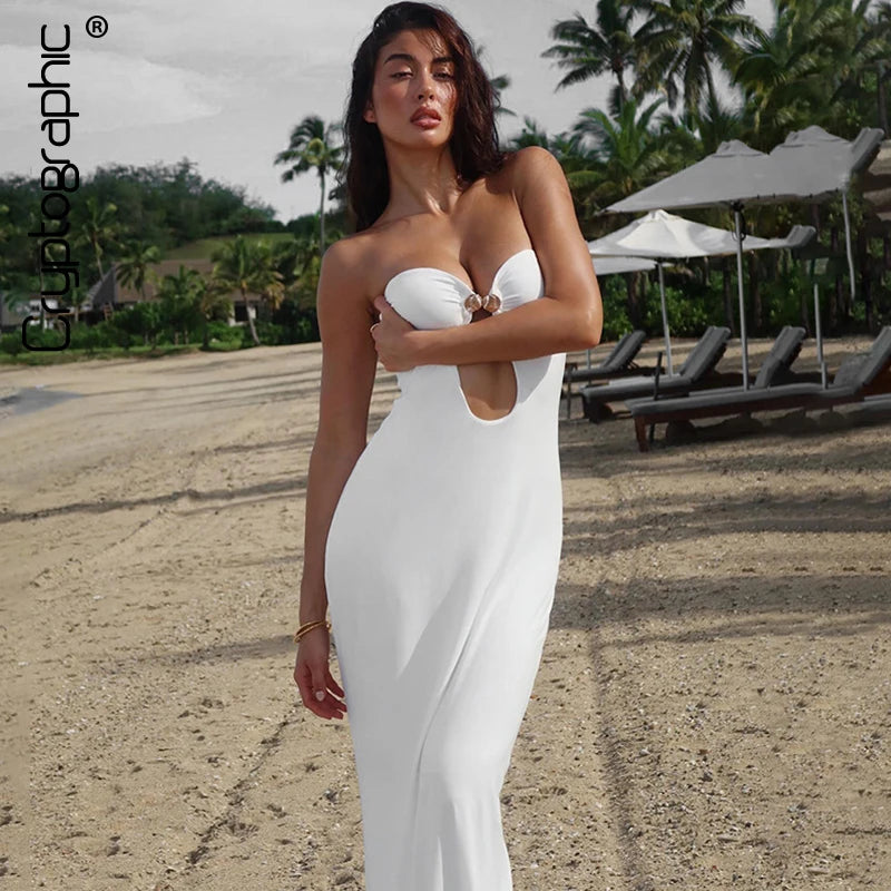 Sexy Strapless Elegant White Maxi Dress Outfits for Women Party Club Cut Out Long Sun Dresses Vacation Summer