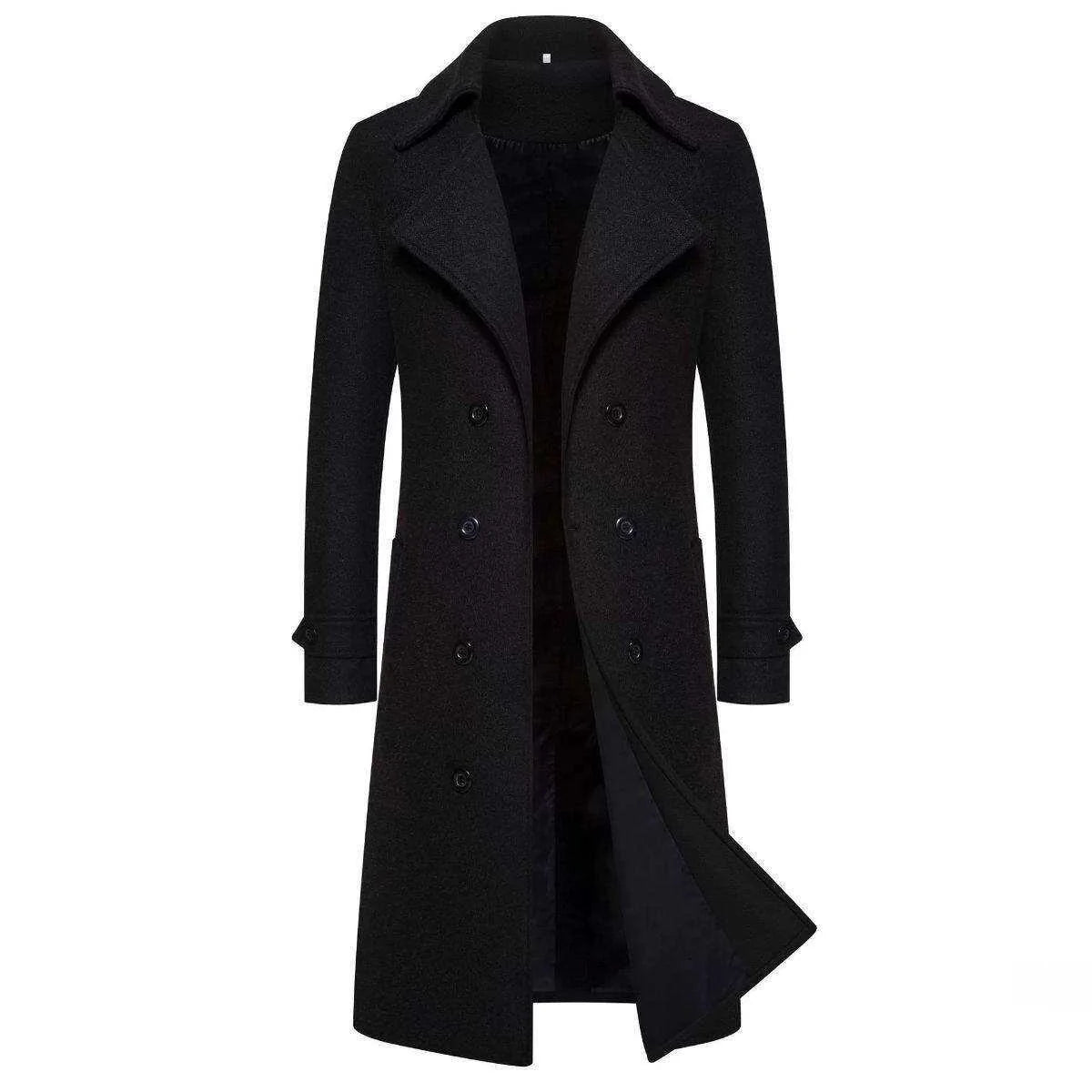 Men's Long Double-Breasted Woolen Coat Autumn Winter Fashion Slim Fit Windbreaker Coat Thickened Rabbit Fur Lined Sporty
