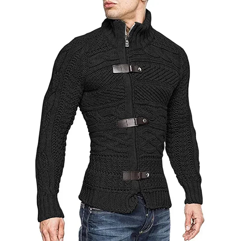 Men’s High-Neck Leather Buckle Knitted Cardigan Sweater