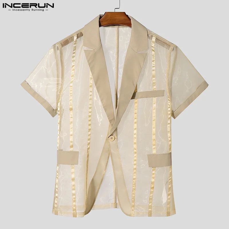 Men Blazer Striped Lapel Short Sleeve One Button Casual Suits Men Streetwear Mesh Patchwork Transparent Male Thin Coats INCERUN