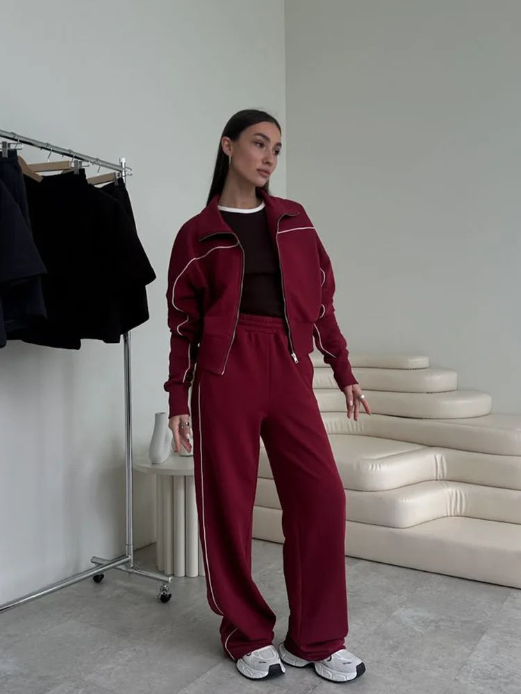 European And American Casual Suit Long-sleeved Zipper Cardigan Loose Striped Sweatshirt Elastic Wide-leg Pants Two-piece Set