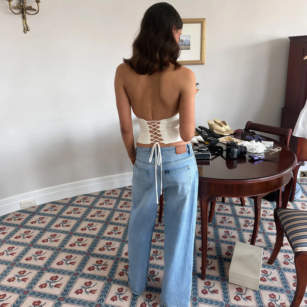 Stylish Halter Crop Tops Ruched Chest Lapel V-neck Backless Lace Up Tight-fitting Summer Clothes Tank top
