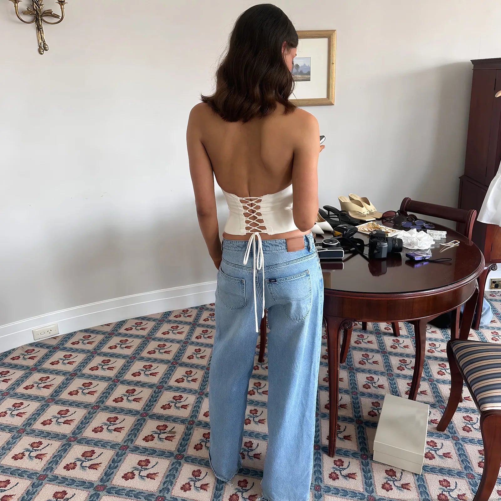 Stylish Halter Crop Tops Ruched Chest Lapel V-neck Backless Lace Up Tight-fitting Summer Clothes Tank top