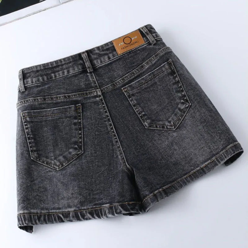 Women High Waisted Denim Shorts Versatile Chic Button Design Hot Short Jeans Woman Streetwear A-Line Wide Leg Cowboy Shorts