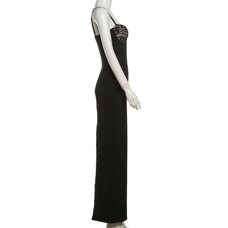 Elegant Black Maxi Dress with Lace Cups and Spaghetti Straps