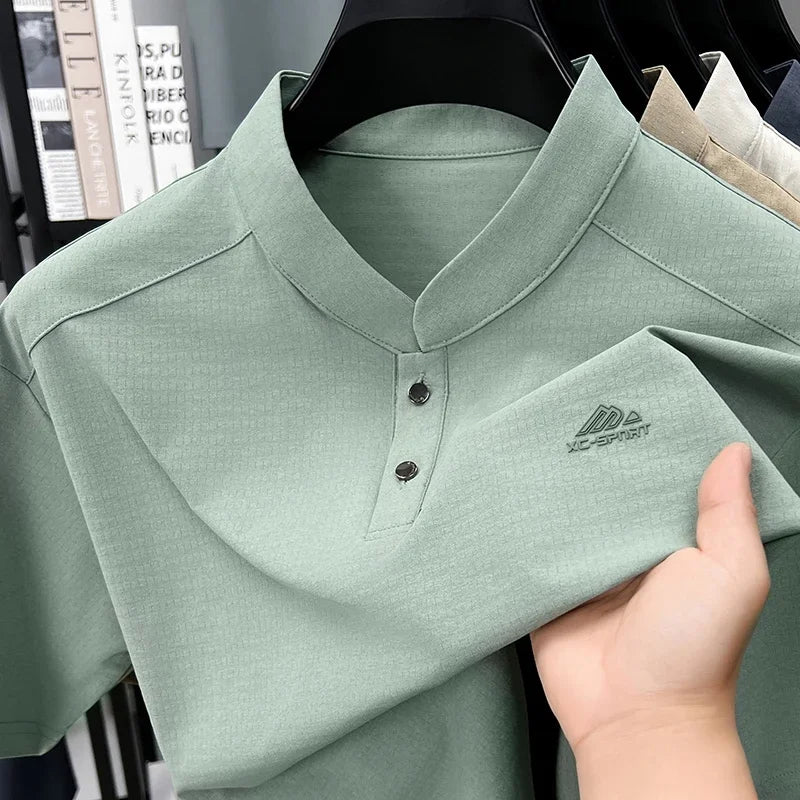 Mens Mandarin Collar Sport Polo Shirt Short Sleeve Casual Tops With Two Button Neck Comfortable Breathable Mesh Tees For Men