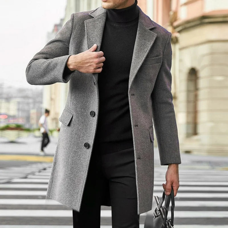 Men's Classic Wool Blend Trench Coat – Casual Slim Fit British Style Winter Jacket