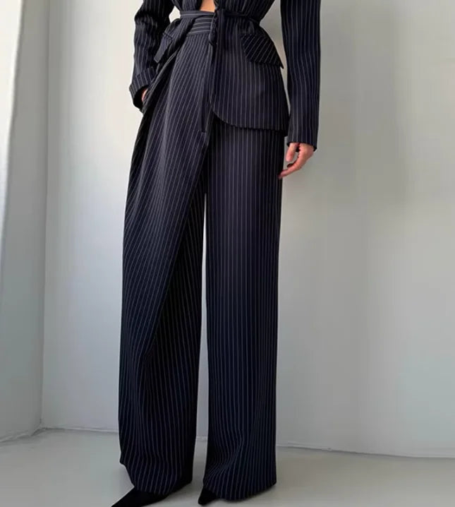 Backless Tie Waist Pinstripe Blazer Set Women 2 Pieces Lapel Button Down Blazer With High Waist Wide Leg Pants Office Suit