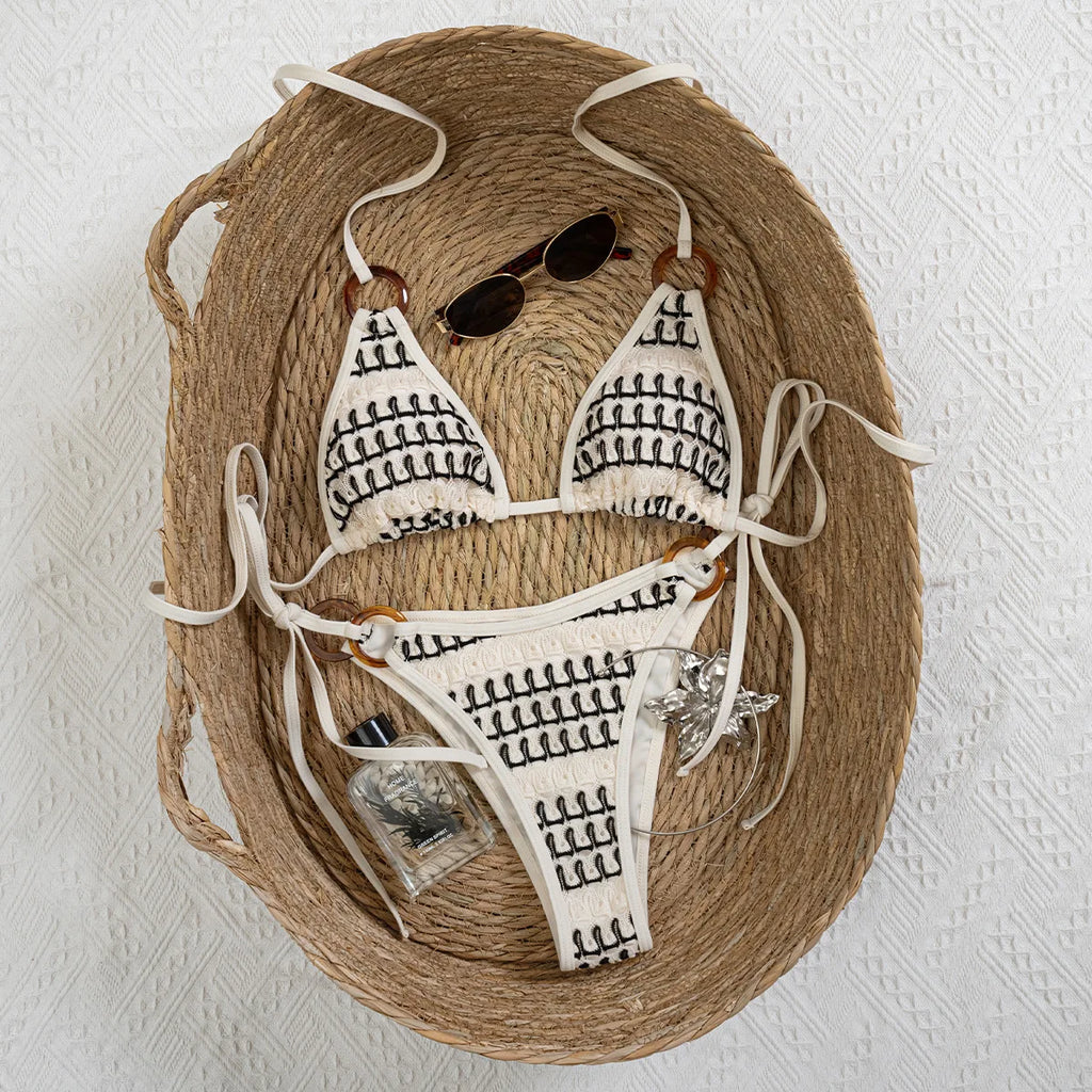 Sexy Beige Knitted Striped Bikini Set 2026 Women Circle Strap Push Up Bra Bandage Thong Swimsuit Bathing Suit Holiday Swimwear