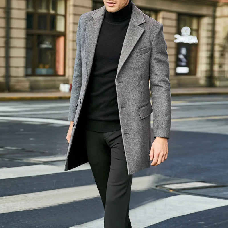 Men's Classic Wool Blend Trench Coat – Casual Slim Fit British Style Winter Jacket