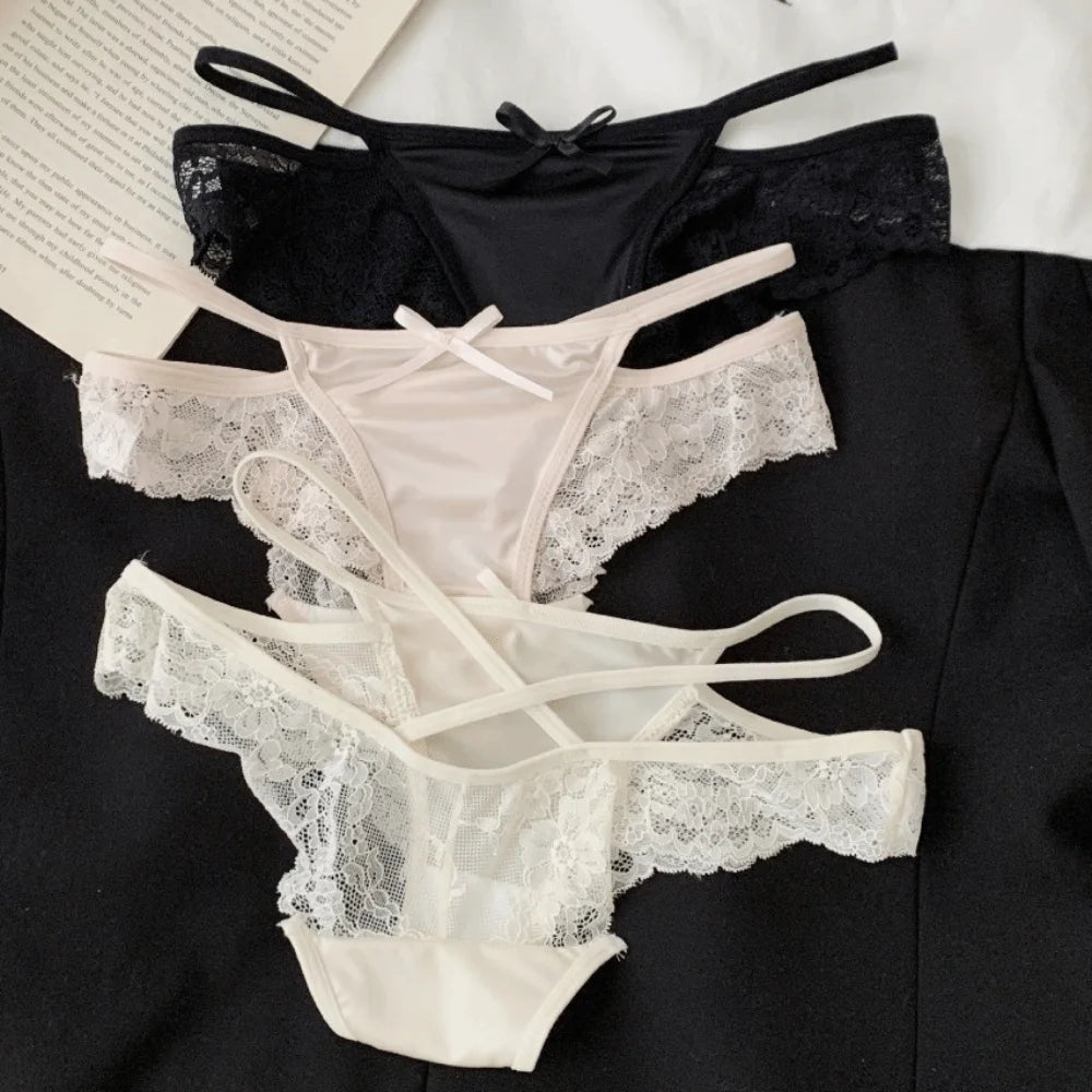 Comfortable Sweet Lace Panties Low Waist Flower Underwear for Women Hollow Cotton Crotch Satin Silk Briefs Female