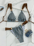 Sexy Blue Striped Micro Bikini Set 2026 Women Metal Strap Push Up Bra Pleate Thong Swimwear Summer Pool Bathing Suit Swimsuit
