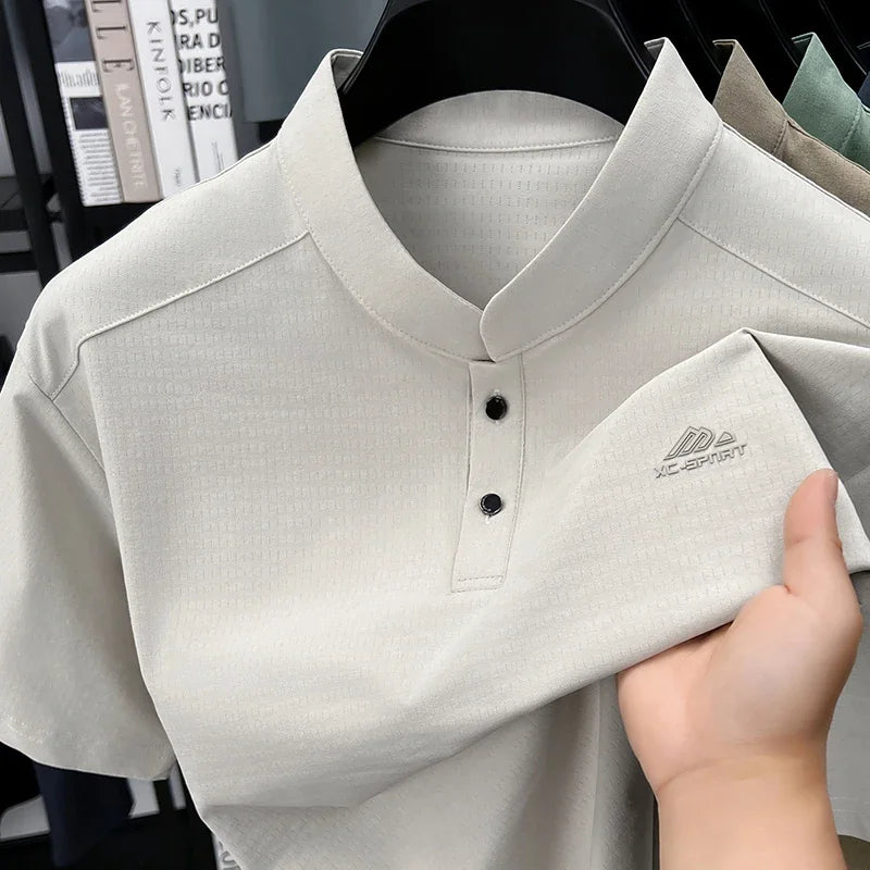 Mens Mandarin Collar Sport Polo Shirt Short Sleeve Casual Tops With Two Button Neck Comfortable Breathable Mesh Tees For Men