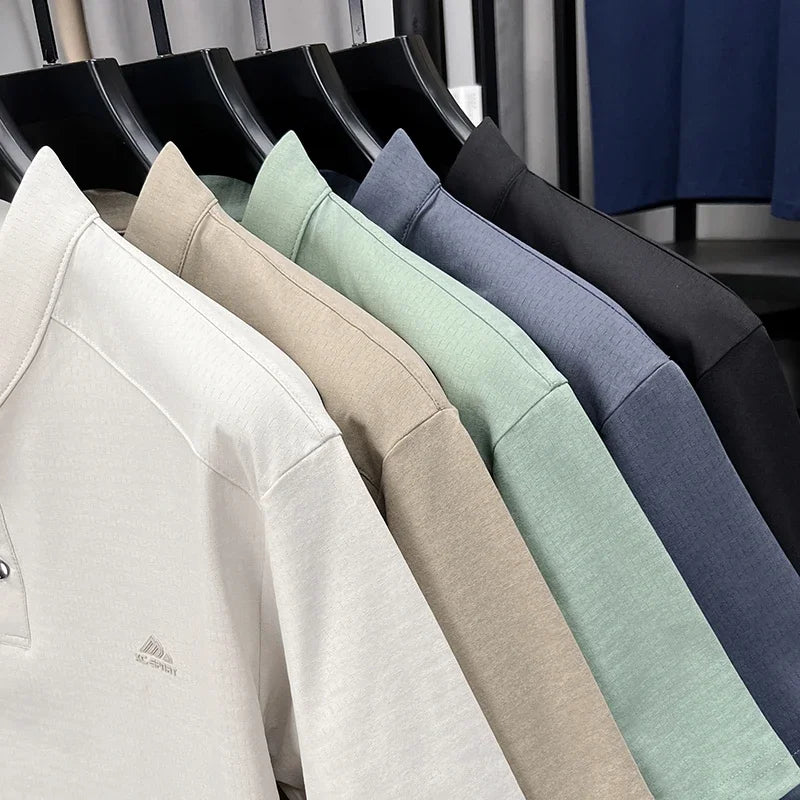 Mens Mandarin Collar Sport Polo Shirt Short Sleeve Casual Tops With Two Button Neck Comfortable Breathable Mesh Tees For Men