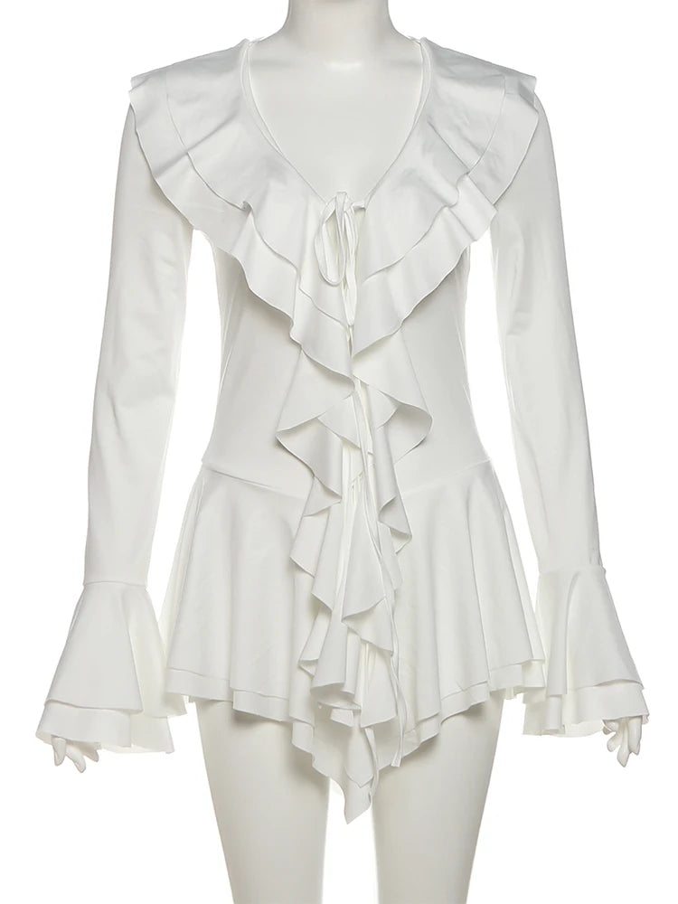 Women's Ruffle Mini Dress - Elegant V-Neck Long Sleeve Party Dress