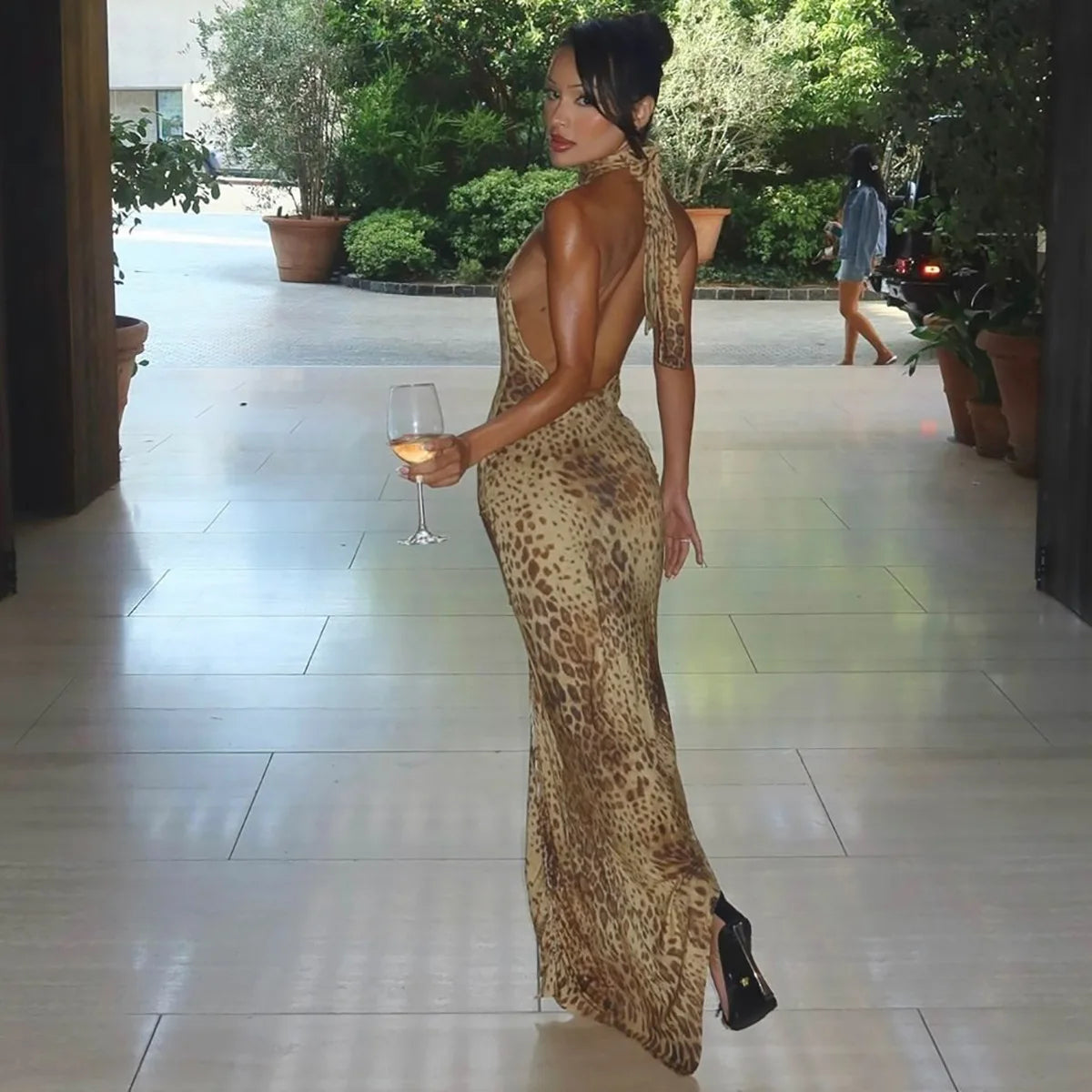 Fashion Halter Leopard Sexy Backless Maxi Dress Women Club Outfits Bandage Embellished Long Dresses Robe Clothes