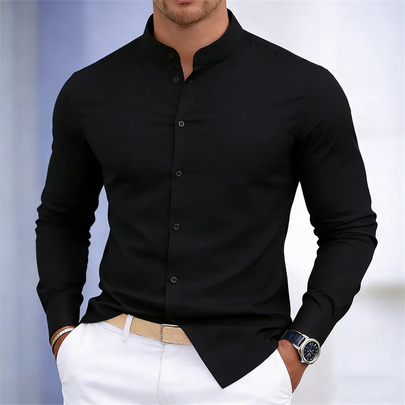 Men's Stand-Up Collar Long-Sleeve Shirt - Slim Fit Casual Business Shirt
