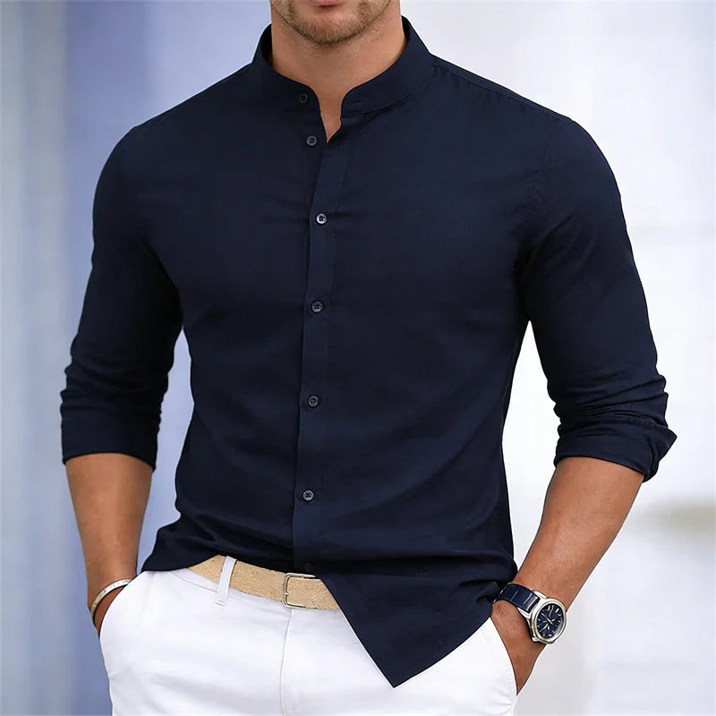 Men's Stand-Up Collar Long-Sleeve Shirt - Slim Fit Casual Business Shirt