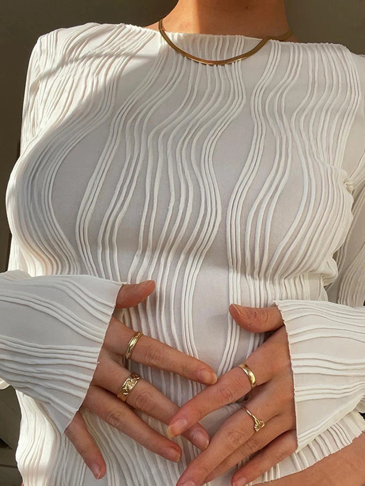 2025 Autumn Ruched Long Sleeve Elegant White Tops for Women T-Shirts Tees Cropped Basic Skinny Streetwear Clothes