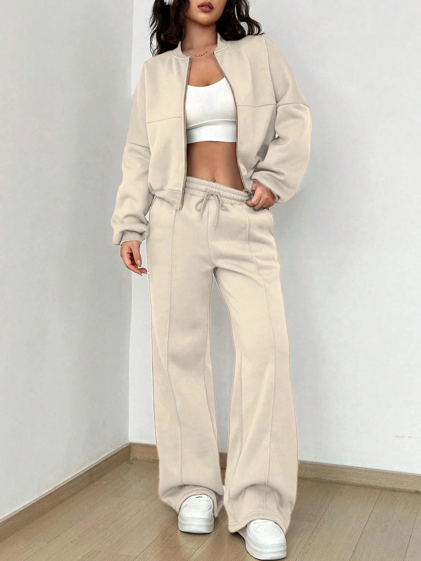 Grey Bomber Jacket Pant Women 2 Pieces Set Casual Long Sleeve Zipper Coat Casual Solid Sweatshirt Trousers Suit Fall Sportwear