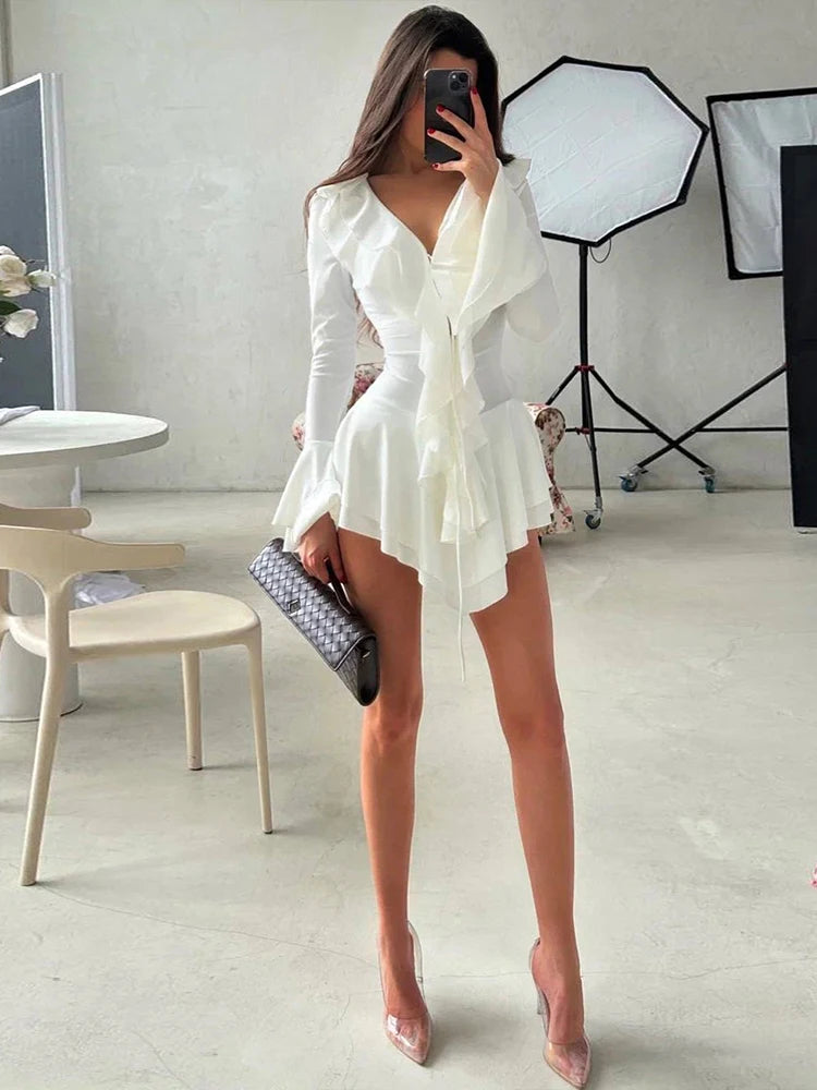 Women's Ruffle Mini Dress - Elegant V-Neck Long Sleeve Party Dress