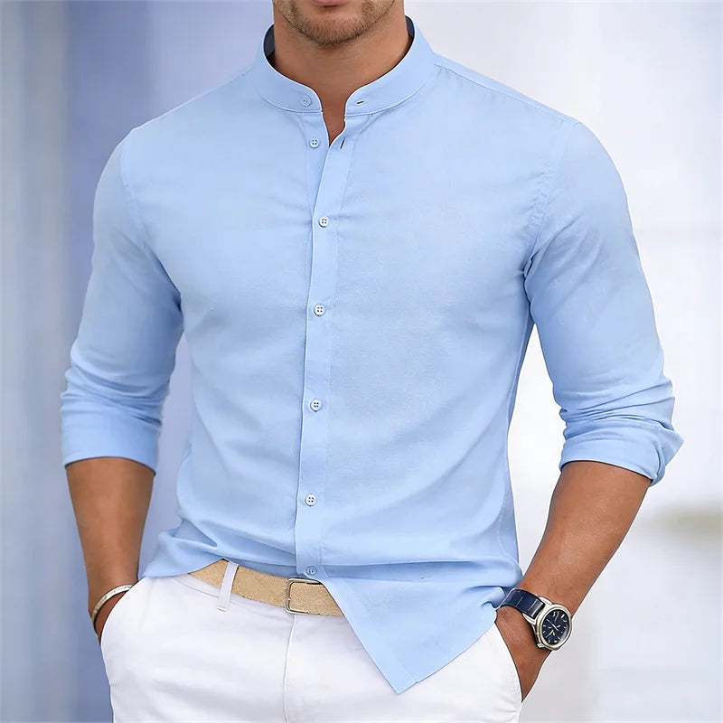 Men's Stand-Up Collar Long-Sleeve Shirt - Slim Fit Casual Business Shirt