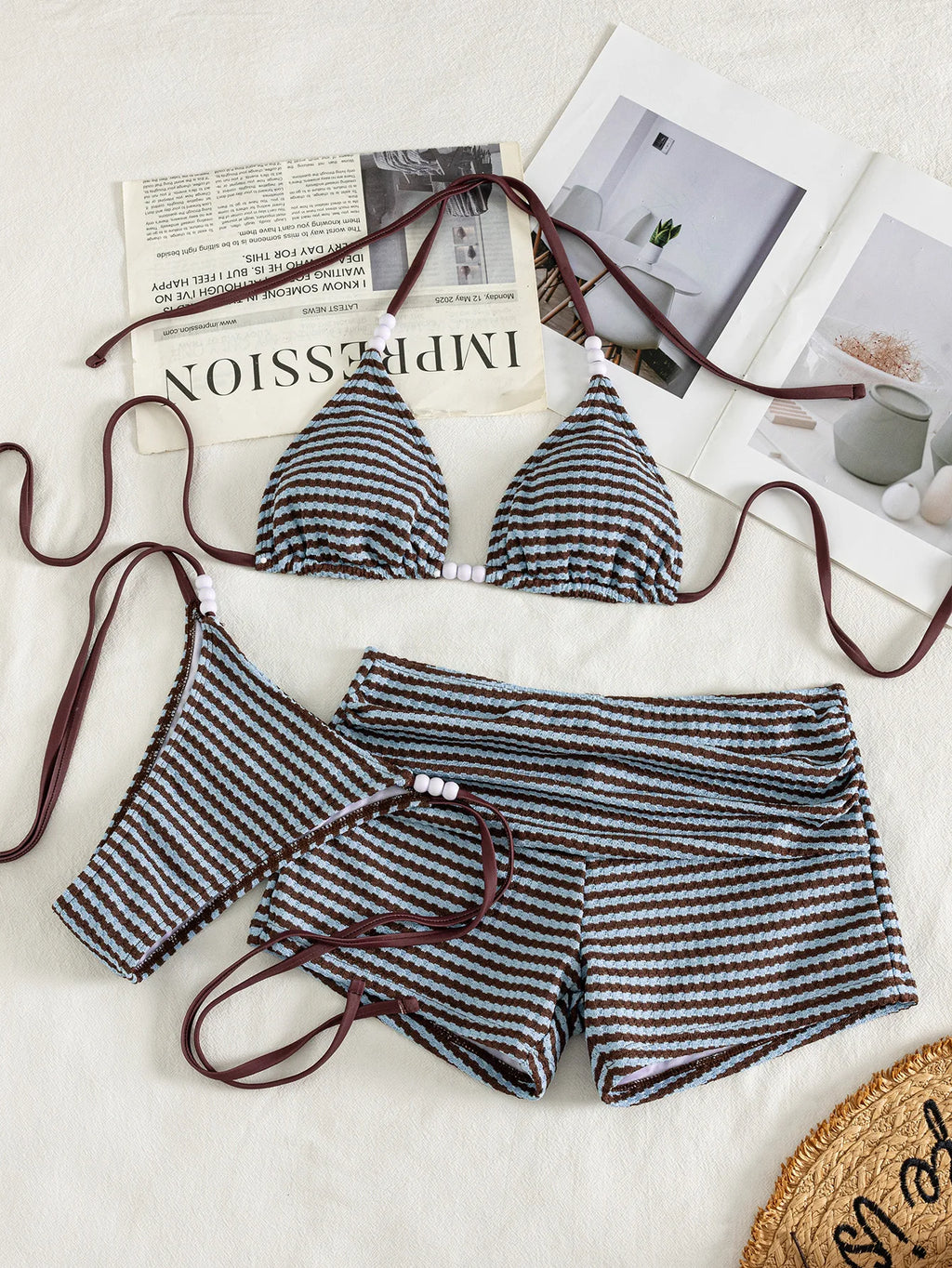 Sexy Coffee Striped Bikini Set 2026 Women Pearls Strap Push Up Bra Bandage Thong Swimsuit Bathing Suit Shorts 3 Piece Swimsuit