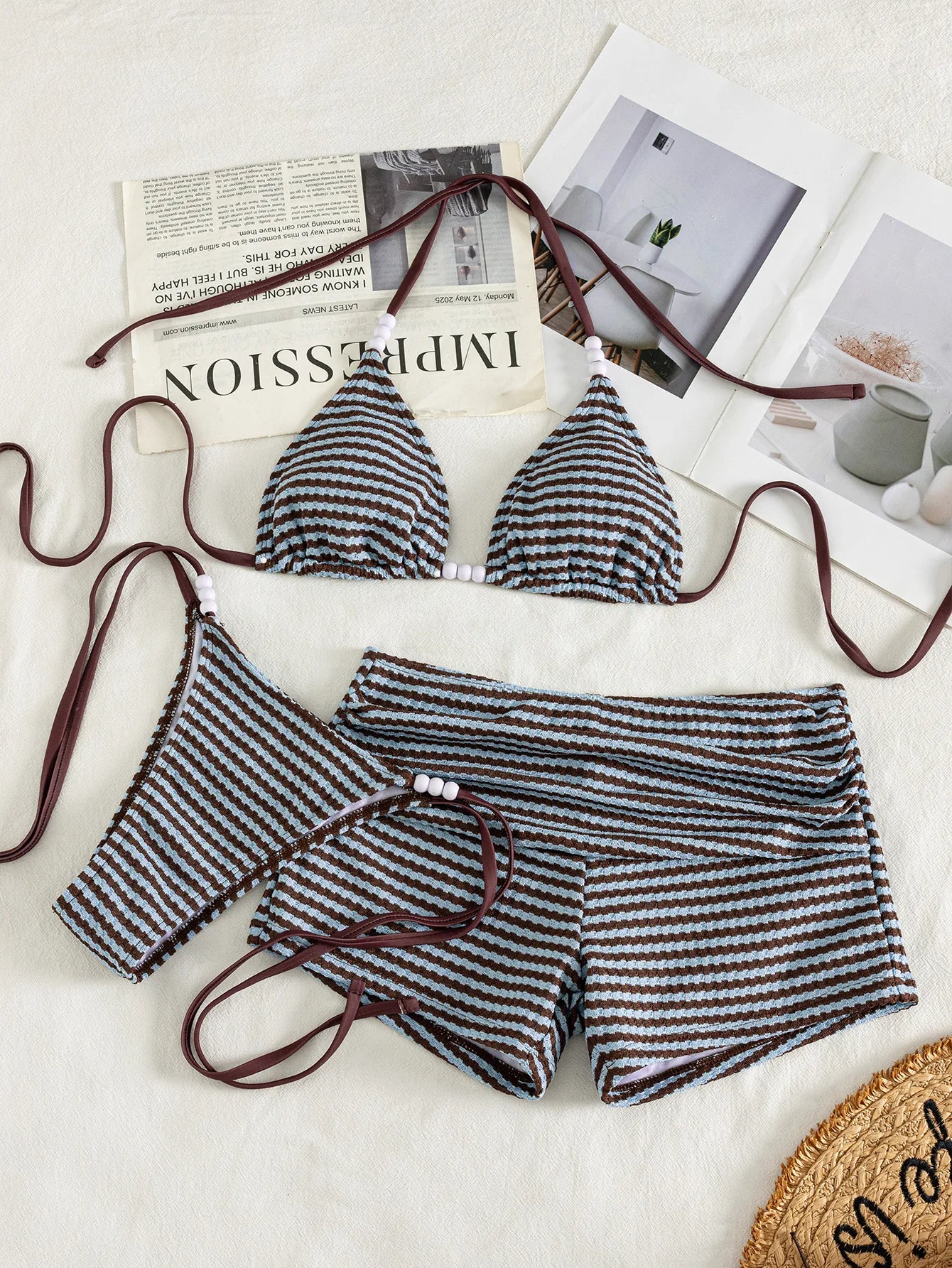 Sexy Coffee Striped Bikini Set 2026 Women Pearls Strap Push Up Bra Bandage Thong Swimsuit Bathing Suit Shorts 3 Piece Swimsuit