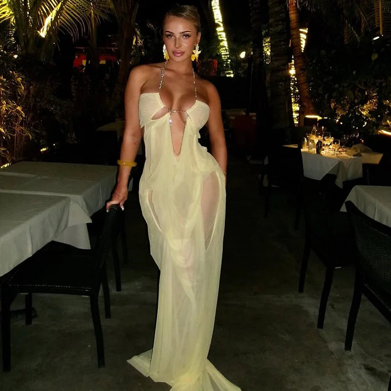 Women's Sexy Halter Maxi Dress Plunging Neck Cutout Backless Sleeveless Mesh Party Gown for Birthday Prom Cocktail