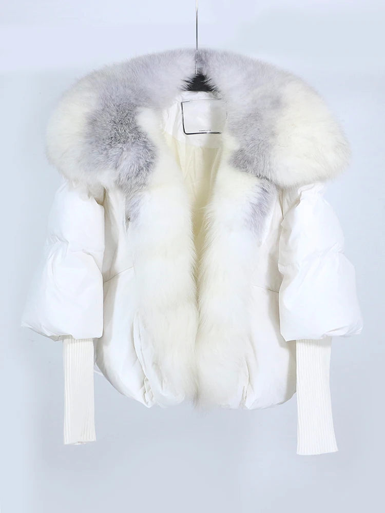 Loose Natural Real Fox Fur Collar Coat Thick New European Fashion White Duck Down Jacket Winter Women Warm Luxury Outerwear