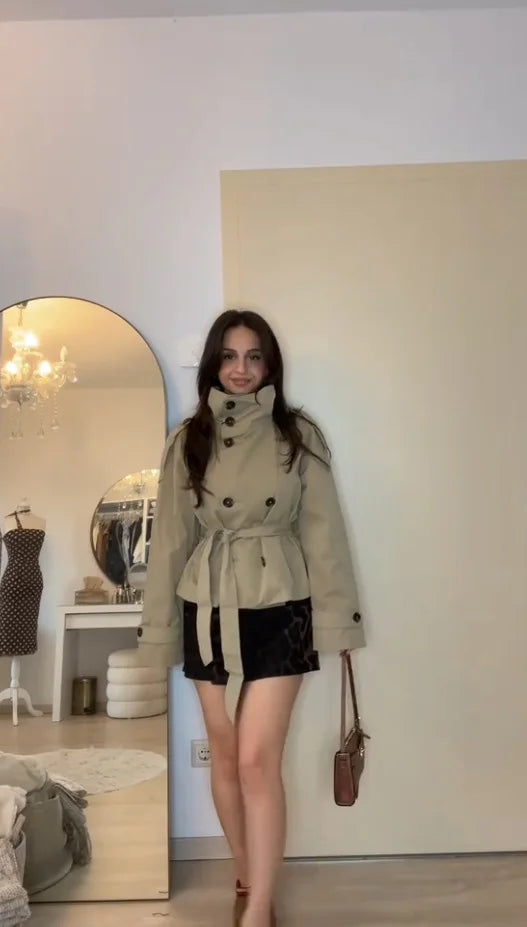Belted Waist Cropped Trench Jacket