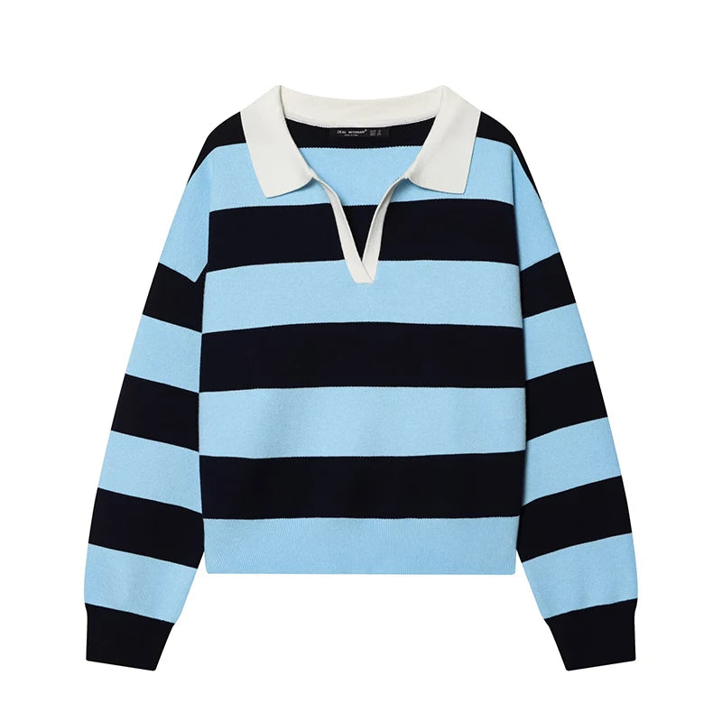 Women`s Striped Polo Neck Knitted Sweater - Casual Oversized Pullover
